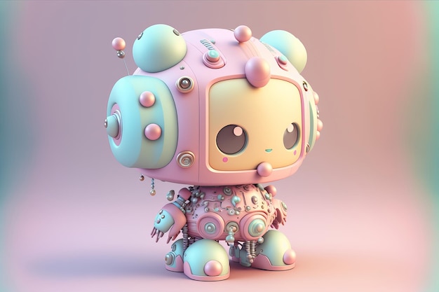 Generative ai illustration of small cute anime robot of pastel colors with pimples placed against pink background