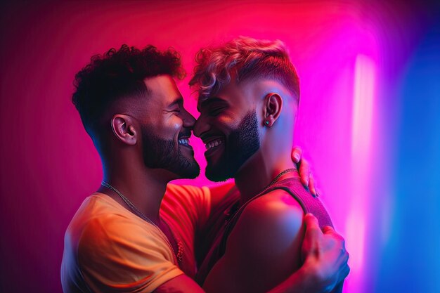 Generative AI illustration of smiling couple gay, LGBT concept, positive  and joyful. Neon club color background 26263568 Stock Photo at Vecteezy