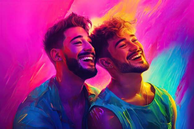 Generative AI illustration of smiling couple gay, LGBT concept, positive  and joyful. Neon club color background 26263568 Stock Photo at Vecteezy