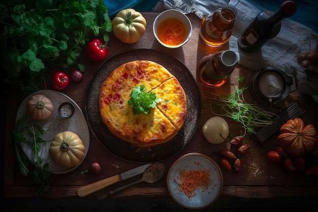 덜 익힌 스페인 토르티야 데 파타타와 녹색 및 빨간색 샐러드빵, 맥주 계란, 감자, 소스, 스파슬리의 소금 및 녹색 고추에 대한 생성 AI 그림