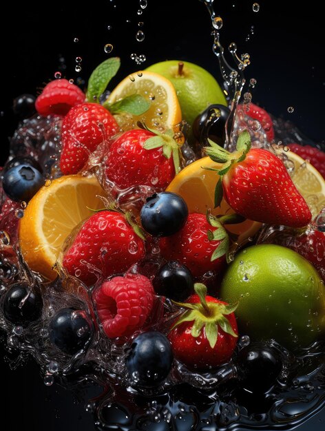 Generative ai illustration of a splash of summer fruits with droplets