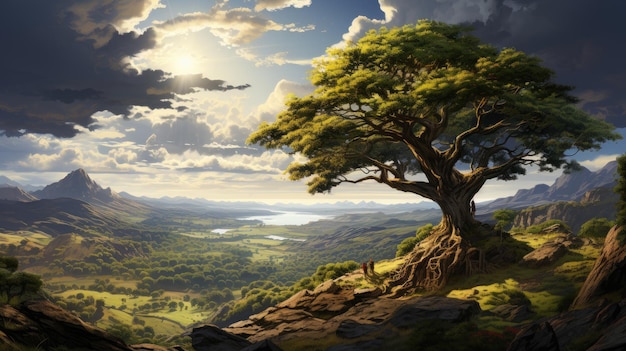 Генеративная иллюстрация сюрреалистического величественного дерева на вершине холма подробный путь вверх по холму обширный ландшафт