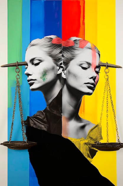 Generative AI illustration of surreal minimalist illustration of an allegorical couple lesbians held the balance of justice pop art LGBT colors background Digital art