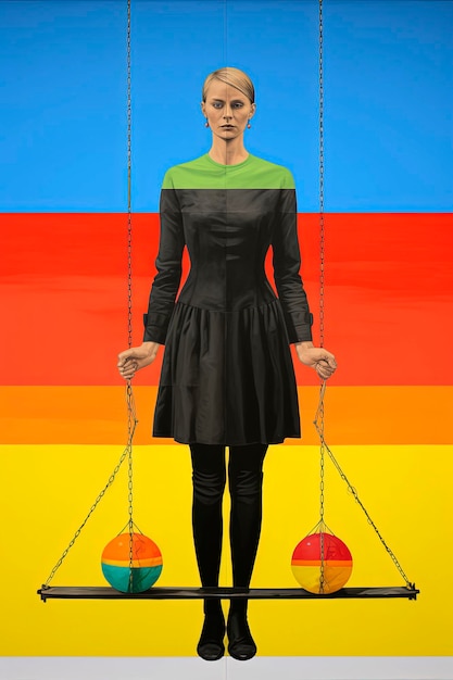 Generative AI illustration of surreal minimalist illustration of an allegorical couple lesbians held the balance of justice pop art LGBT colors background Digital art