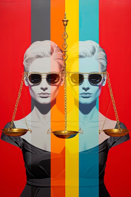 Generative AI illustration of surreal minimalist illustration of an allegorical couple lesbians held the balance of justice pop art LGBT colors background Digital art