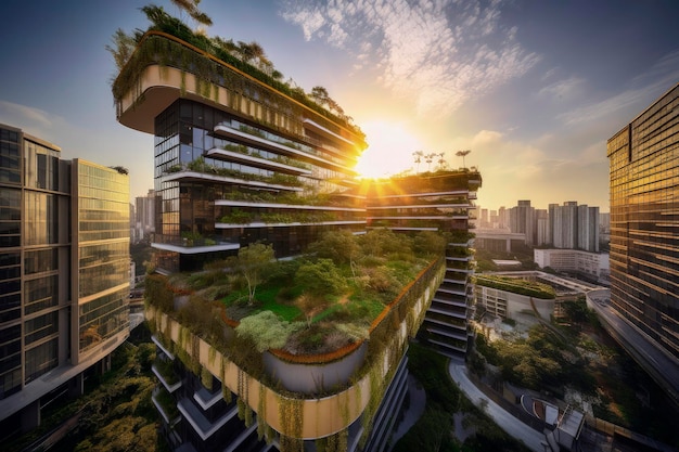 Генеративный AI-иллюстратор устойчивого здания с вертикальным садом из переработанных материалов