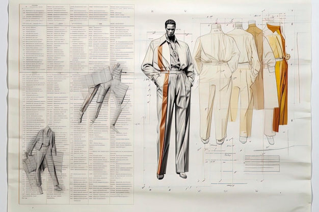 Generative AI illustration of a technical sheet for fashion design of men's clothing with details of measurements accessories and color industrial fashion design