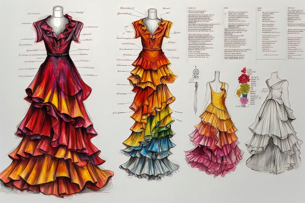 Generative AI illustration of technical sheet of typical Andalusian flamenco dress flamenco fashion Design