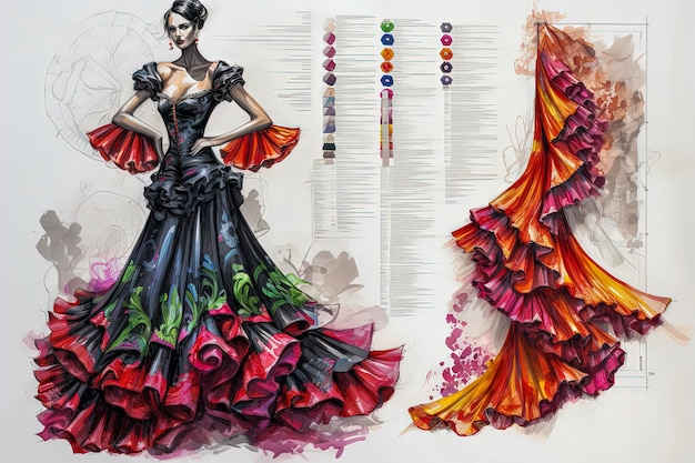 Генеративная ИИ иллюстрация технического листа типичного андалузского фламенко платья фламенко моды Дизайн