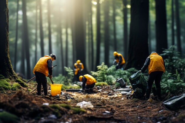 Generative AI illustration of Tiny workers cleaning the forest of garbage and plastics Sustainable worldRecycle concept