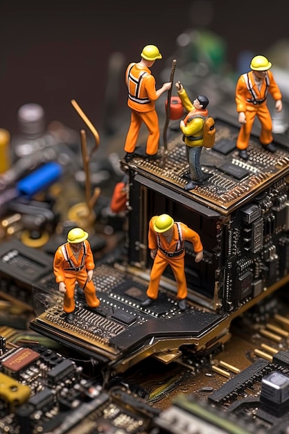 Generative AI illustration of Tiny workers repairing a computer motherboardDigital art