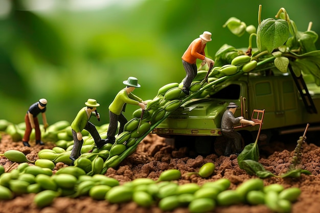 Генеративная AI-иллюстрация крошечных рабочих, чистящих горох в саду Цифровое искусство