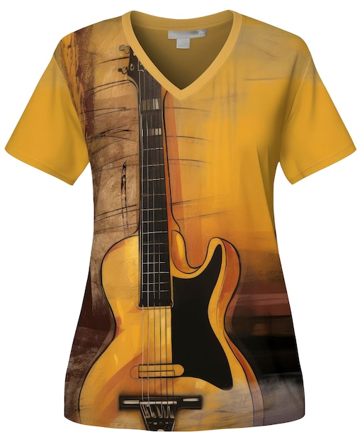 Foto illustrazione ai generativa di tshirt con fondo oro vista dall'alto con immagine stampata sulla parte anteriore di una chitarra