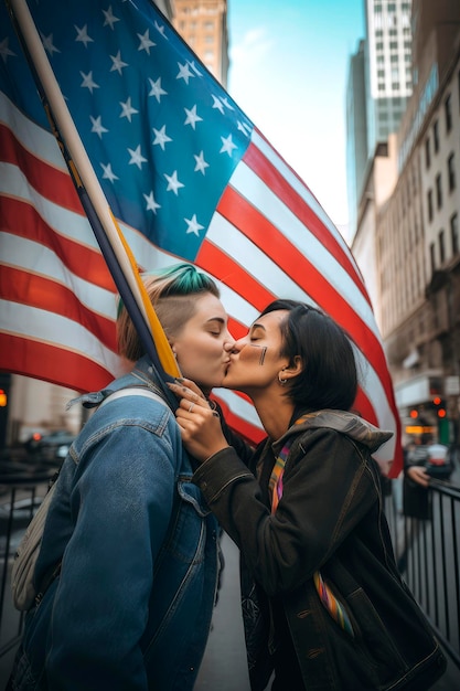 Generative AI illustration of two lesbian women kissing Happy in the city