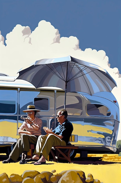 Generative AI illustration of two people sitting on the side of an aluminum trailer under an umbrella