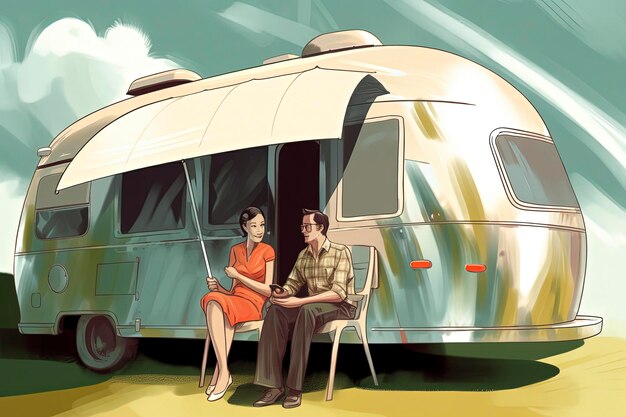 Generative AI illustration of two people sitting on the side of an aluminum trailer under an umbrella