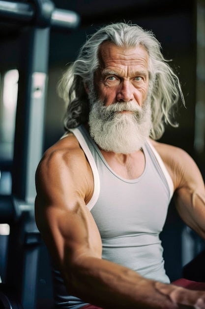 Generative AI illustration of very muscular old man with long gray hair training in a gym with dumbbells