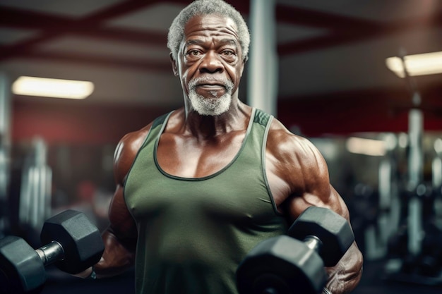 Generative AI illustration of very muscular old man with long gray hair training in a gym with dumbbells