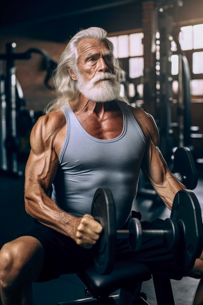 Генеративный AI-иллюстратор очень мускулистого старика с длинными седыми волосами, тренирующегося в тренажерном зале с гантелями