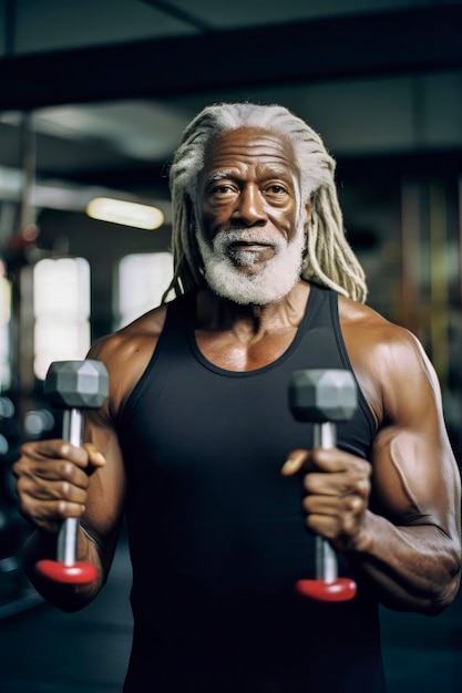 Generative AI illustration of very muscular old man with long gray hair training in a gym with dumbbells