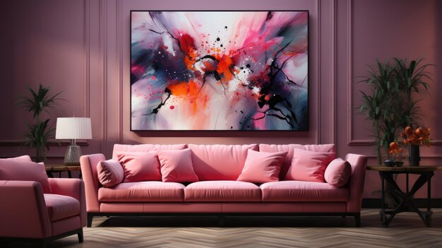 Generative ai illustration of Vivid pink sofa and art poster on stucco wall