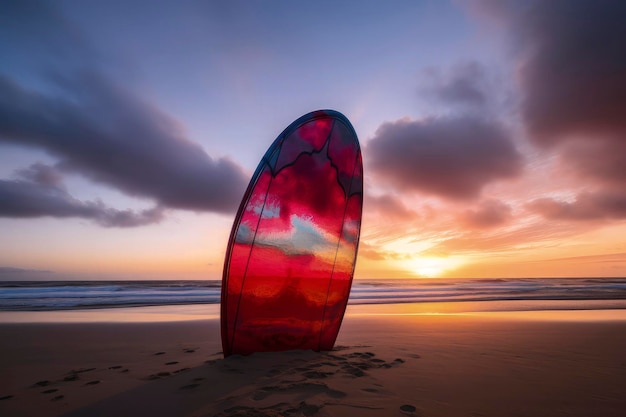 Генеративный AI-иллюстратор яркой доски для серфинга, застрявшей в песке пляжа в отпуске