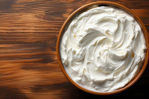 Foto illustrazione ai generativa di una crema bianca in vaso sul tavolo in legno vista dall'alto