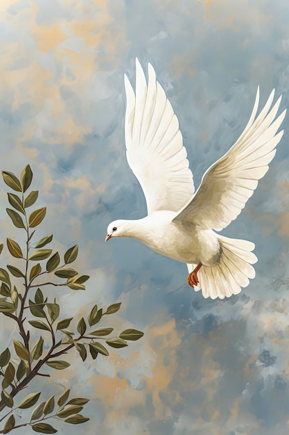 Generative AI illustration of white dove of peace flying through the sky Minimalist illustration style peace concept