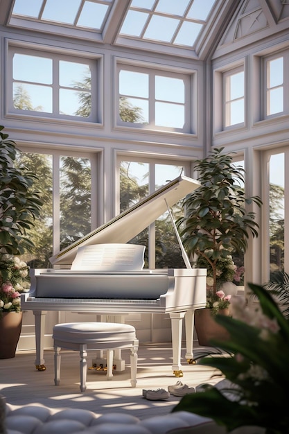 유리를 통해 들어오는 빛으로 둘러싸인 거실에 있는 흰색 그랜드 피아노의 생성적 AI 그림 럭셔리 하우스