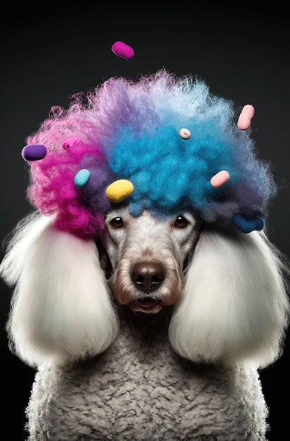 ヘッド カーラーを付けた白いプードル犬の頭のジェネレーティブ AI イラスト