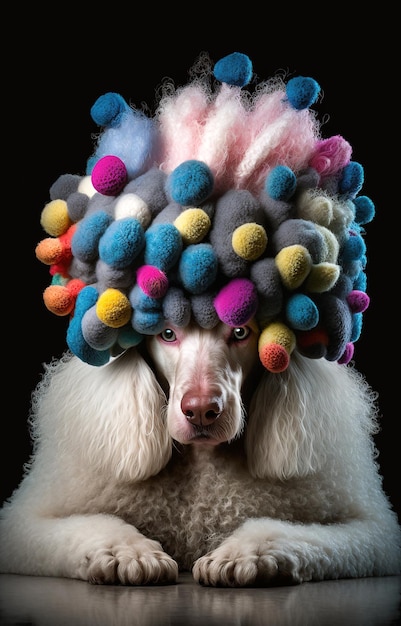 Generative AI illustration of white poodle dog head with head curlers