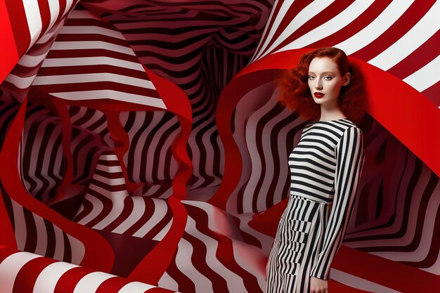 Generative AI illustration of a white striped woman looking at the camera in a photo shoot with multicolor striped background