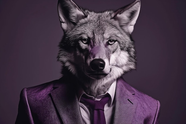 Generative AI illustration A wolf in a business purple suit on a pink background