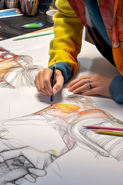 Illustrazione ai generativa delle mani della donna che disegnano e progettano la moda con matite colorate