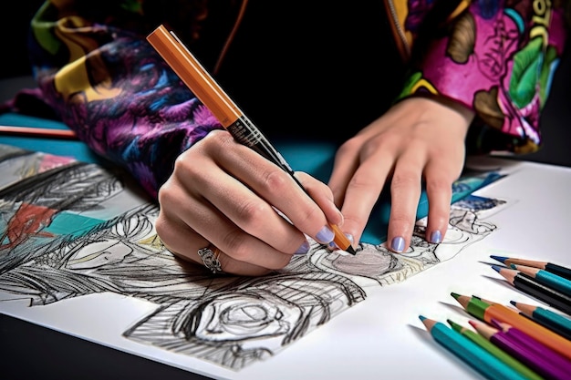 Generative AI illustration of Woman's hands drawing and designing fashion with colored pencils