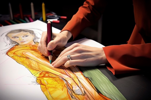 Generative AI illustration of Woman's hands drawing and designing fashion with colored pencils