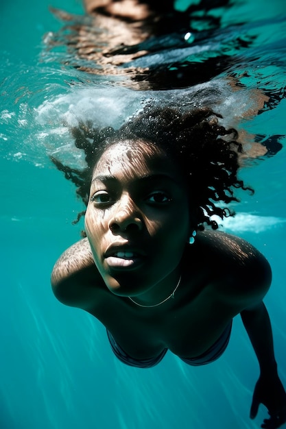 물 속에서 바다에서 수영하는 여성의 생성 AI 그림