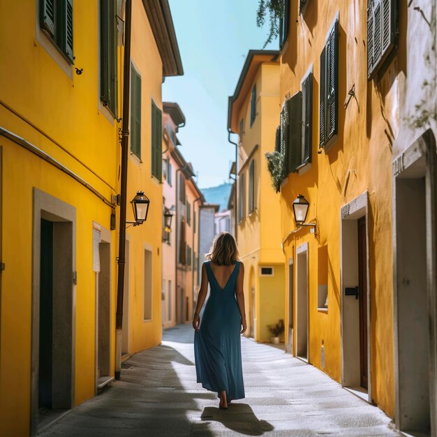 Generative AI illustration of a woman walking down the narrow streets on a sunny summer day