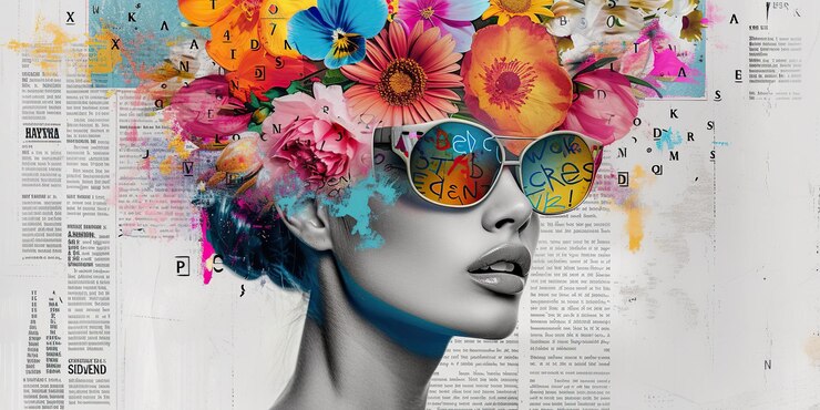 Photo generative ai illustration woman wearing sunglasses and adorned with flowers in her hair stands against a backdrop of grunge graffiti and collage