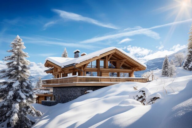 Generative AI illustration of Wooden luxury house in the mountain with snowy landscape in sunny day Sustainable architecture