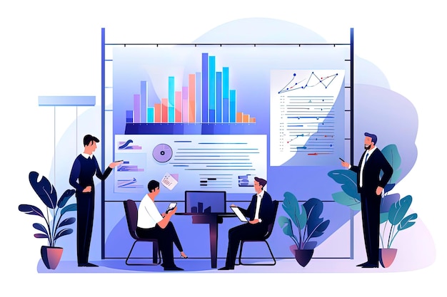 Generative AI illustration of workers gathered together surrounded by charts looking for business strategies Vector illustration style Digital art