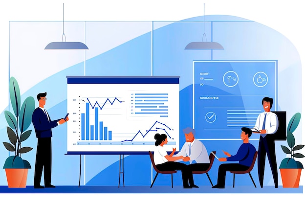 Generative AI illustration of workers gathered together surrounded by charts looking for business strategies Vector illustration style Digital art