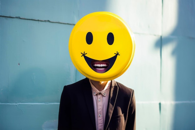 Generative Ai illustration of yellow balloon on face with happy smile on sunny dayPositivity concept