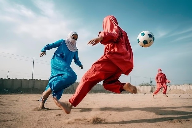 Illustrazione di ai generativa di giovani ragazze arabe vestite con djellaba e hijab che giocano a calcio