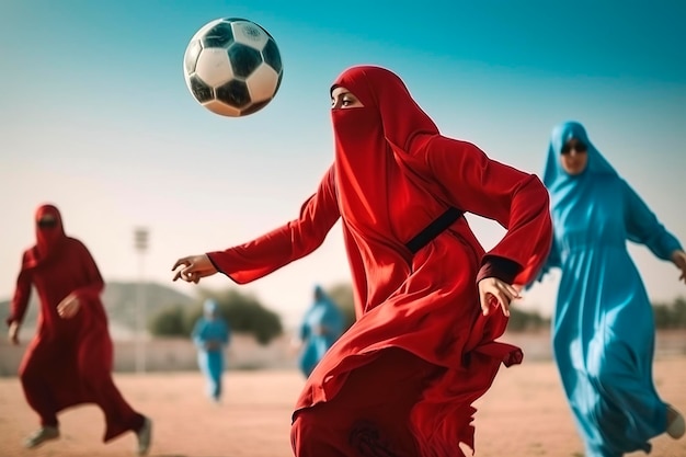 Generative AI illustration of young Arab girls dressed in djellaba and hijab playing soccer