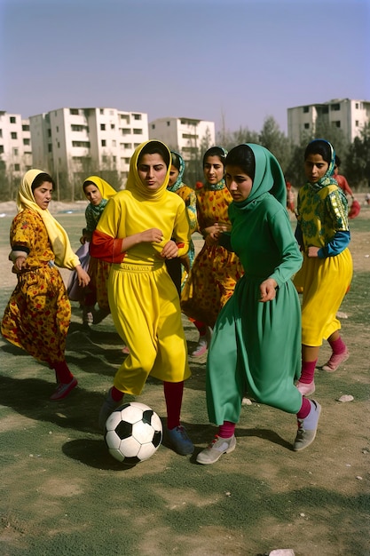 Generative AI illustration of young Arab girls dressed in djellaba and hijab playing soccer