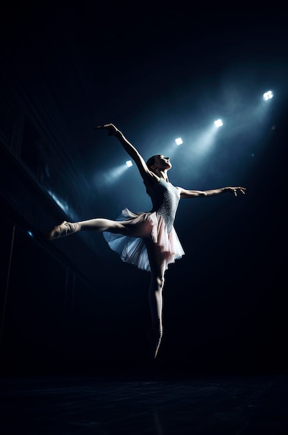 Генеративный AI-иллюстратор молодой и красивой девушки, танцующей классический балет на сцене в окружении цветных порошков