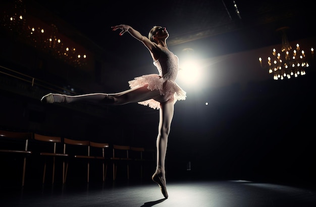 Generative AI illustration of Young and beautiful girl dancing classical ballet on a stage surrounded by colored powders