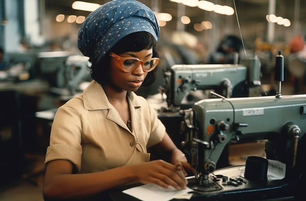 Generative AI illustration of A young black woman works with bangs at a garment factory among machine tools sewing clothes