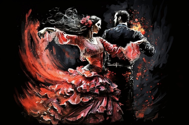 Generative AI illustration of Young couple dancing flamenco